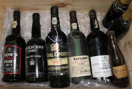 Five assorted bottles of Port including Taylors 1967, 1972, 1984 and three bottles of beer including Victory 1945